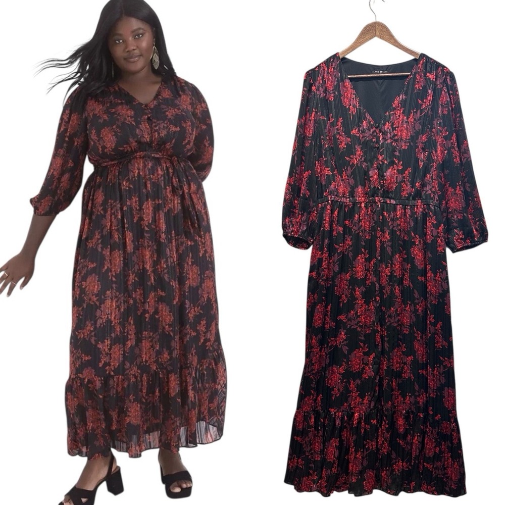 Lane Bryant Womens Sz 14 Long‎ Sleeve V Neck Maxi Romantic Feminine Sheer Lined
